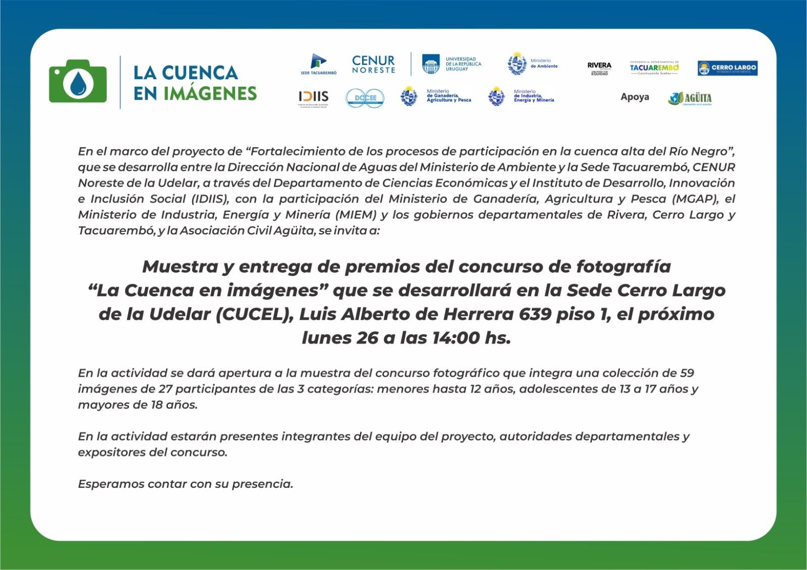 Concurso de Fotografía «La cuenca en imágenes» Muestra y entrega de premios en Cerro Largo